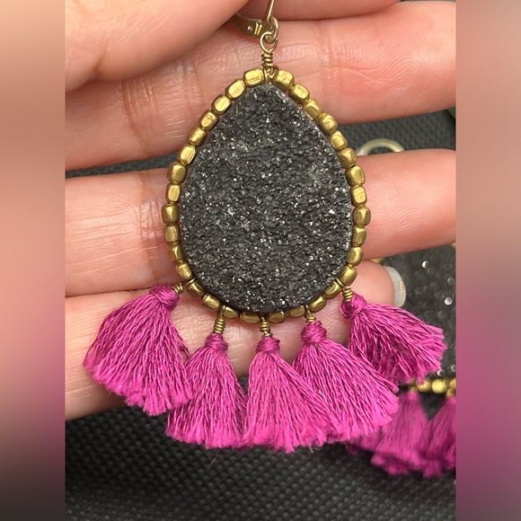 Panacea Black Drusy Geode purple tassel dropearrings - Picture 3 of 8
